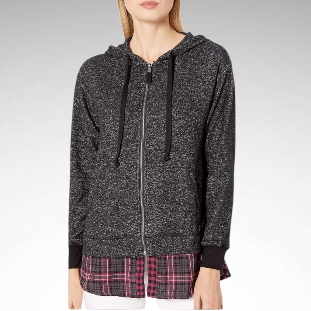 Democracy Zip-Front Charcoal Hoodie Plaid Hem Long Sleeves